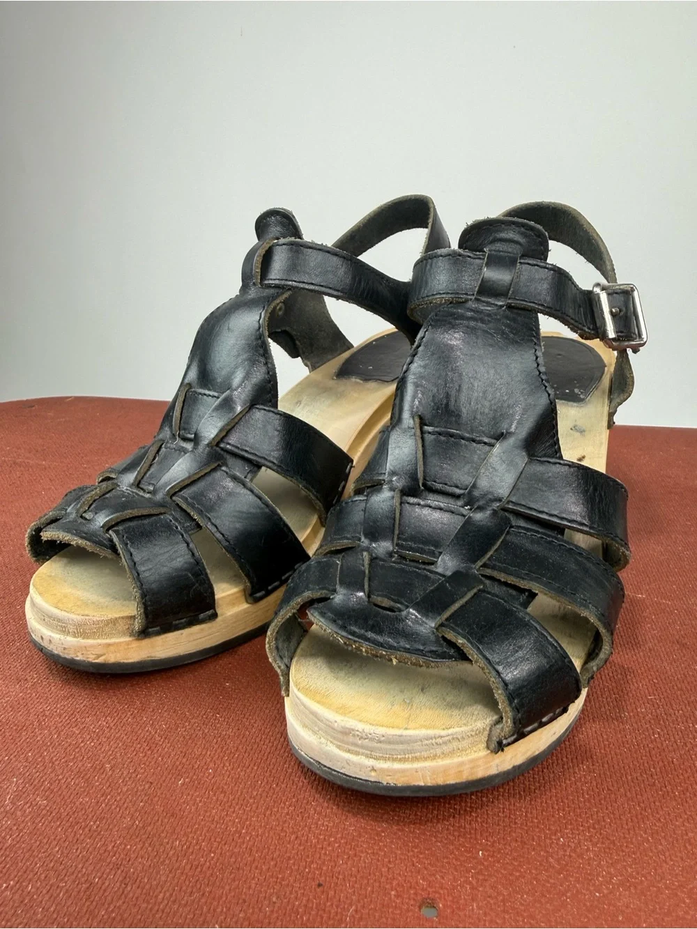 Swedish Hasbeens Black Woven Leather Platform Sandals Size 39